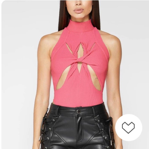 Maniere De Voir Tops - Twisted Ribbed High Neck Bodysuit - Pink